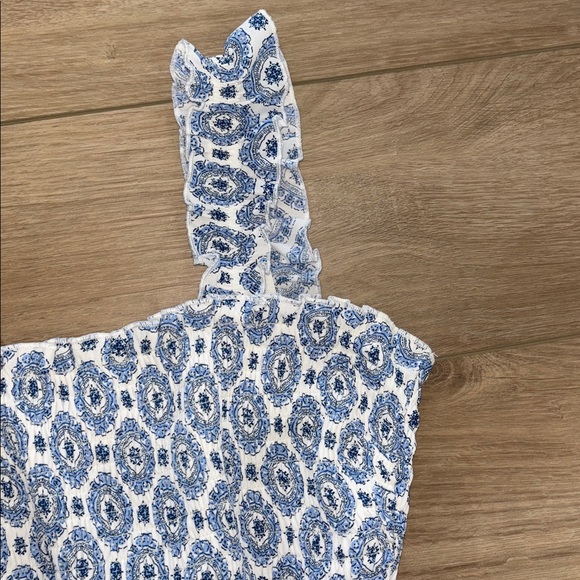 AS U WISH smocked tiered ruffle strap dress in a blue and white boho print small - Picture 5 of 6